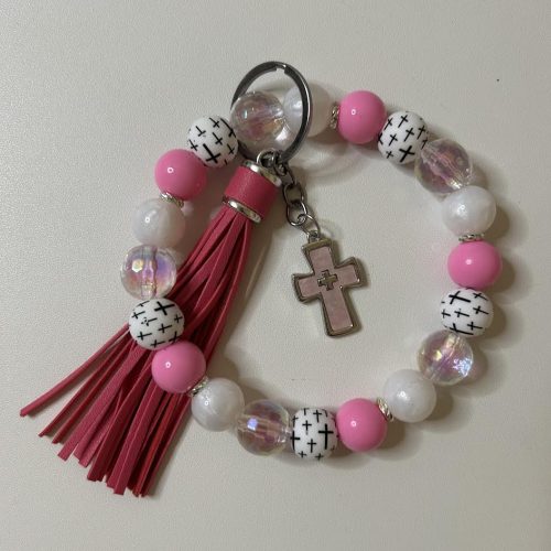 Pink, Black and White Cross Keyring