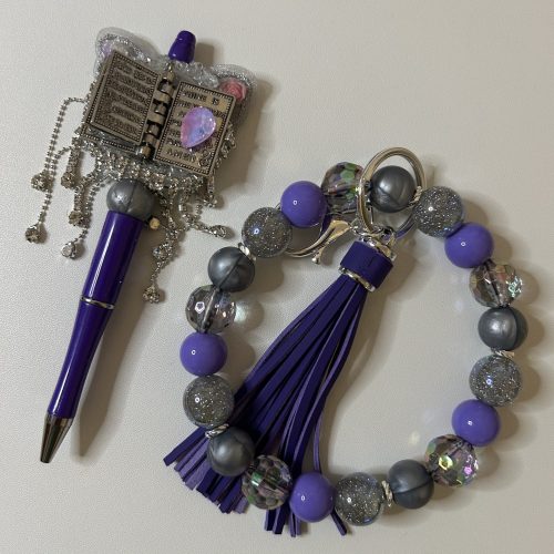 Silver The Lord's Prayer Book on a Purple Pen with Matching Keyring