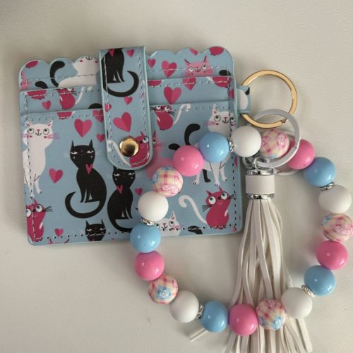 Black Cat Wallet with Matching Blue, White and Pink Keyring