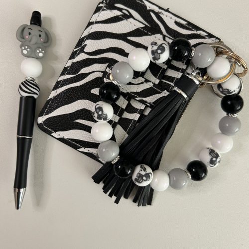 Black and White Animal Print Wallet w/Elephant Pen and Ring Keychain