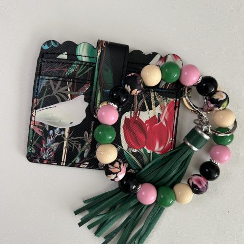 Black, Red, Green Flower Wallet with Matching Bead Keyring