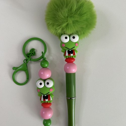 Keroppi Frog Short Bar Keychain with Matching Pom-pom Pen Set