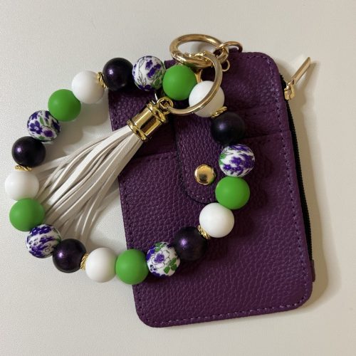 Dark Purple Wallet with Matching Purple Flower Beaded Keyring
