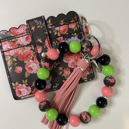 Light and Dark Pink Roses Wallet with Matching Beaded Keyring Set