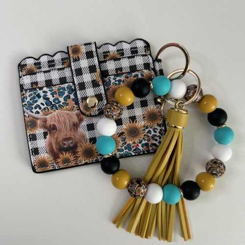 Highland Cow and Sunflower Wallet with Matching Beads Keyring