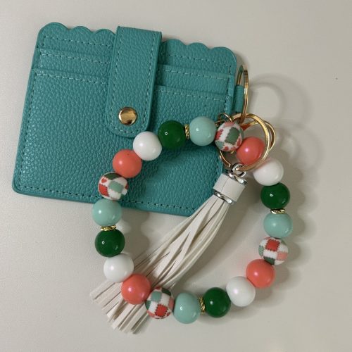 Peach, Orange and Green Patchwork Printed Bead Keyring with Matching Wallet