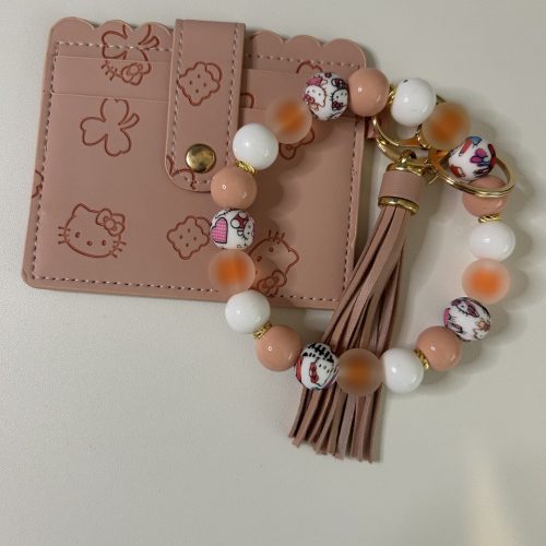 Muted Pink Kitty Wallet with Matching Kitty Beaded Keyring