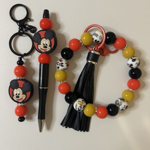 Mickey Red, Black and Gold 2 Keychains with Black Pen Set