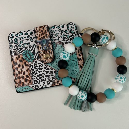 Turquoise Cow Animal Print Wallet with Matching Bead Keyring