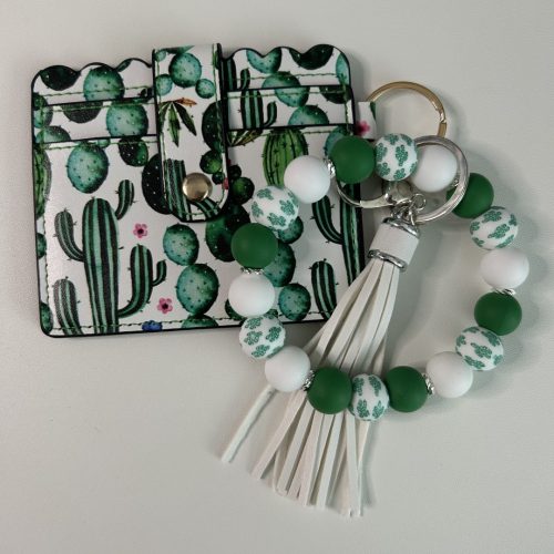 Green and White Cactus Wallet and Matching Bead Keyring