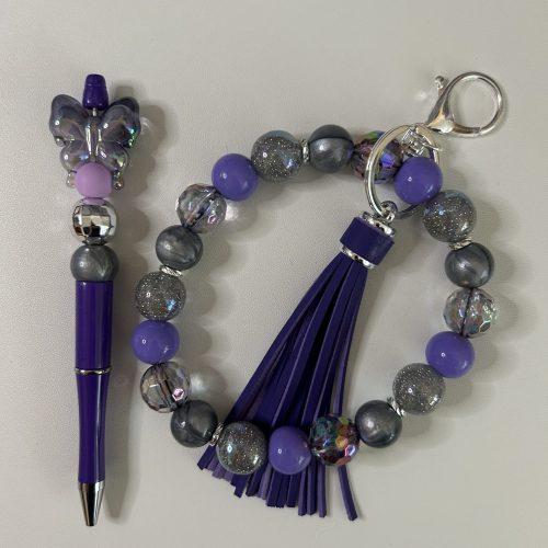Purple and Silver Fancy Bead Keyring with Matching Butterfly Pen