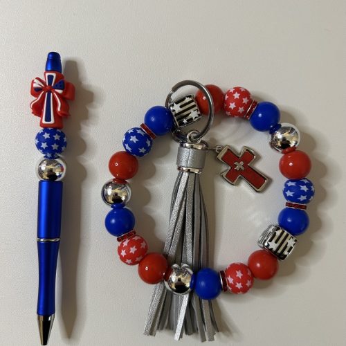 Patriotic Cross Blue Pen with Matching Red, White and Blue Beaded Keyring