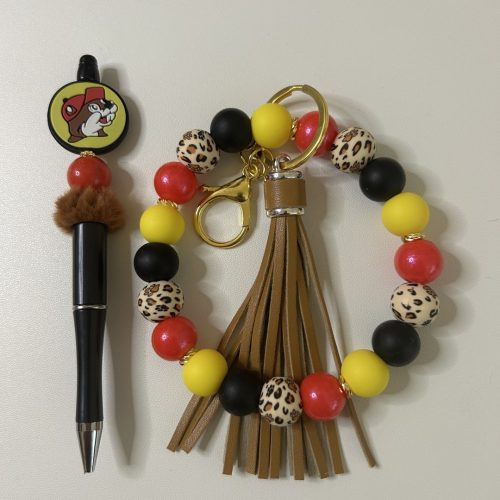 Buc-ee's Black Pen with Matching Animal Print Bead Keyring