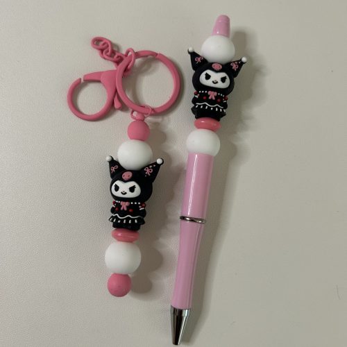 Kuromi Pink Pen and Matching Bar Keychain Set